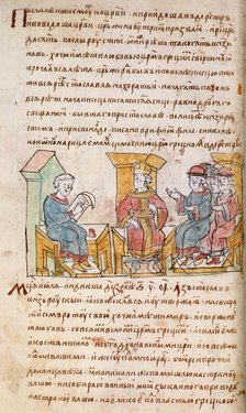 Emperor John I Tzimiskes meeting with Ambassadors of Sviatoslav I of Kiev (from the Radziwill Chronicle), 15th century. Artist: Anonymous  