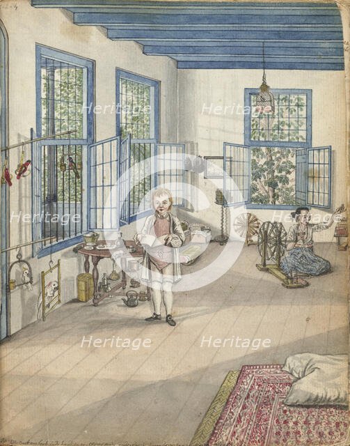 Living room with son Jantje and Flora, an enslaved woman, near a spinning wheel, 1784. Creator: Jan Brandes.