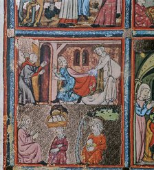 Joseph and Potiphar's wife andJoseph in prison interpreting dreams, 14th century. Artist: Unknown
