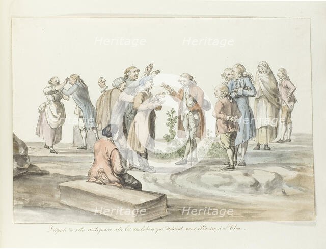 Negotiation between the guide of travel group and mule drivers for journey to Etna, 1778. Creator: Louis Ducros.