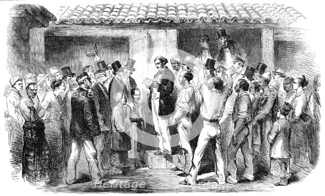 Reading the News of the Fall of Sebastopol at Ceylon, 1856.  Creator: Unknown.