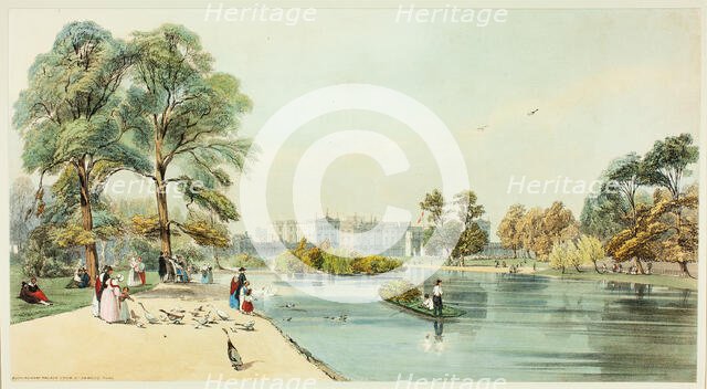 Buckingham Palace from St.James Park, plate eleven from Original Views of London as It Is, 1842. Creator: Thomas Shotter Boys.