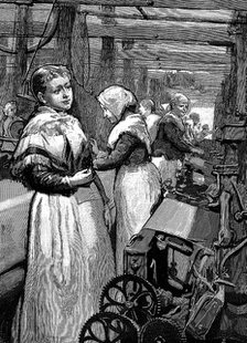 Women operatives tending power looms in a Yorkshire woollen mill, 1883. Artist: Unknown