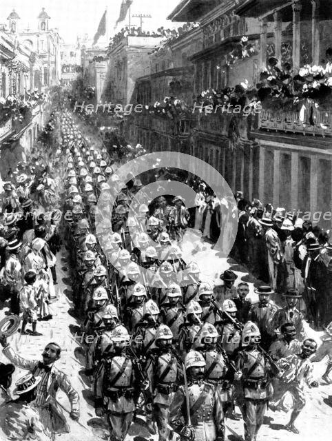 The Spanish-American War: Spanish troops marching through San Juan, the capital of Porto Rico, 1898. Creator: Unknown.