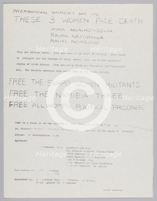 Flyer about the Namibia Three and International Women's Day 1976, 1976. Creator: Unknown.