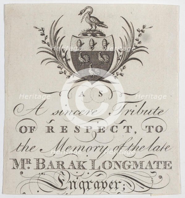 Memorial Card for Mr. Barak Longmate, genealogical editor and heraldic engraver, ca. 1793., ca. 1793 Creator: Anon.