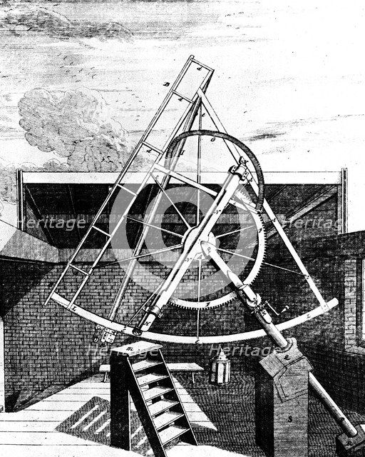 Flamsteed's equatorially mounted sextant fitted with telescope, 1725. Artist: Unknown