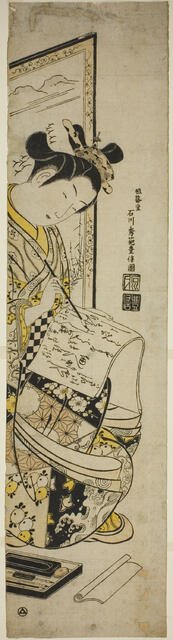 Woman Writing a Letter in Front of a Screen, early 1740s. Creator: Ishikawa Toyonobu.