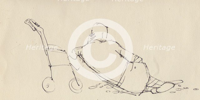 Man leaning against pushchair on the beach, c1950. Creator: Shirley Markham.