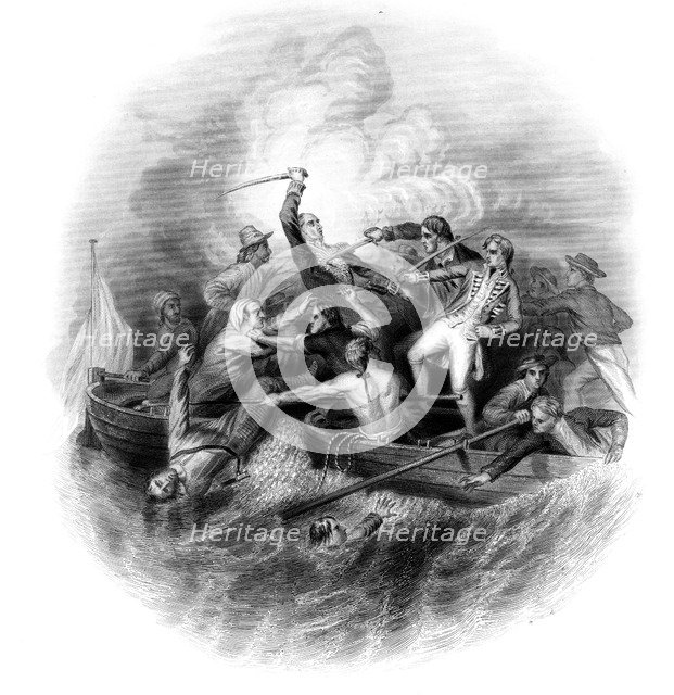 Gunboat encounter between Nelson and Don Miguel Tyrason, 1797.Artist: George Greatbatch