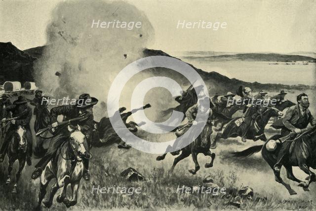 'Shell from the Naval Brigade Dispersing Boers from Behind the Seven Sisters Kopjes',1900. Creator: Sidney E Paget.