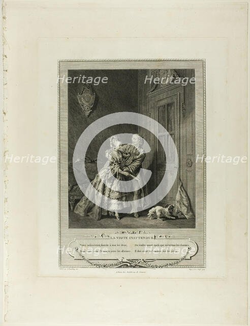 Unexpected Call, from Monument du Costume Physique et Moral de la fin du Dix-huitième siècle, 1774. Creator: Nicolas-Joseph Voyez.