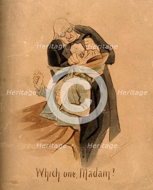 An elderly dentist examining a female patient's mouth, c1895. Creator: Martin Anderson.