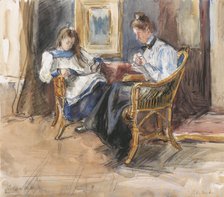Handworking lady and reading girl seated in wicker chairs, in the house at Riouwstraat 6...1872-1950 Creator: Barbara Elisabeth van Houten.