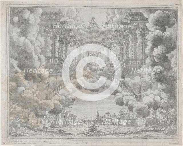 Stage design with allegorical figures on a staircase; from 'L'Eta Dell'Oro', ca. 1690. Creator: Carlo Antonio Forti.
