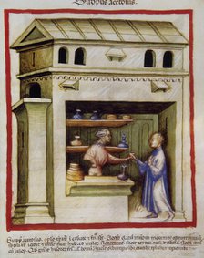 An apothecary gives vinegar syrup to a man, 14th century.  Creator: Unknown.