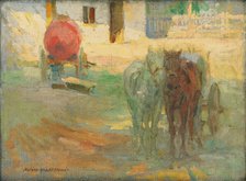 Farmyard with yoked horses, 1908. Creator: Elemír Halász-Hradil.