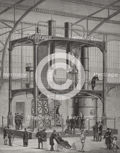 Universal Exhibition of Paris: Distillation machinery installed in the Galerie des machines, 1878.  Creator: Unknown.