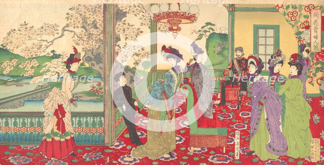 A Contest of Elegant Ladies among the Cherry Blossoms (Kaika kifujin kisoi), Sep..., September 1887. Creator: Chikanobu Yoshu.