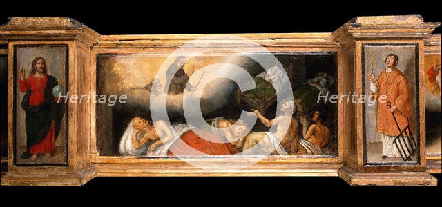 Predella with three scenes of Saint Roch, and figures of Saint Peter, Christ as..., c1580- 1620. Creator: Unknown.