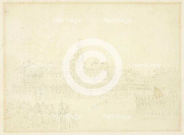 Study for Mounting Guard, St James Park, from Microcosm of London, c. 1809. Creator: Augustus Charles Pugin.