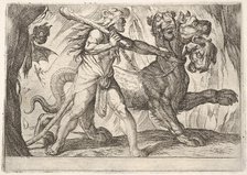 Hercules and Cerberus: Hercules grasps the collar of Cerberus, two demons appear at left..., 1608. Creator: Antonio Tempesta.