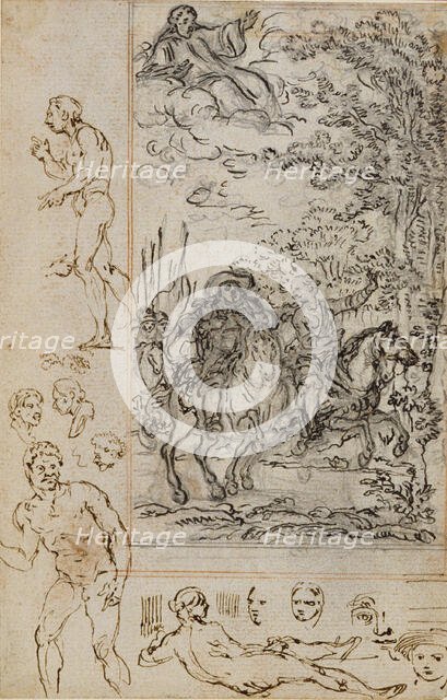 Study for Vignette in Voltaire's "La Pucelle d'Orleans", with Sketches of Heads and Nud..., c. 1762. Creator: Hubert Francois Gravelot.