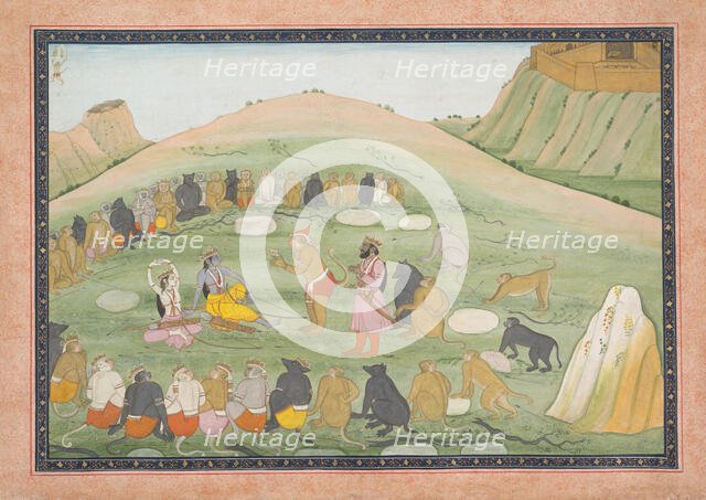 Hanuman Revives Rama and Lakshmana with Medicinal Herbs: Illustrated folio..., ca. 1790. Creator: Workshop active in the First generation after Nainsukh (active ca. 1735?78).