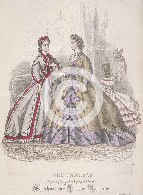 Two women and a child playing with a parrot model the latest fashions, 1864 Artist: Anon