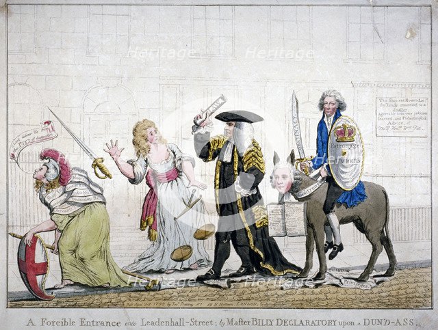 'A forcible entrance into Leadenhall-Street; by Master Billy Declaratory upon a Dun'd-ass', 1788. Artist: Anon