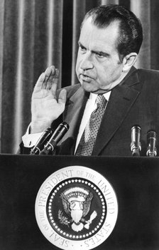 President Richard Nixon speaking about Watergate, 1974. Artist: Unknown