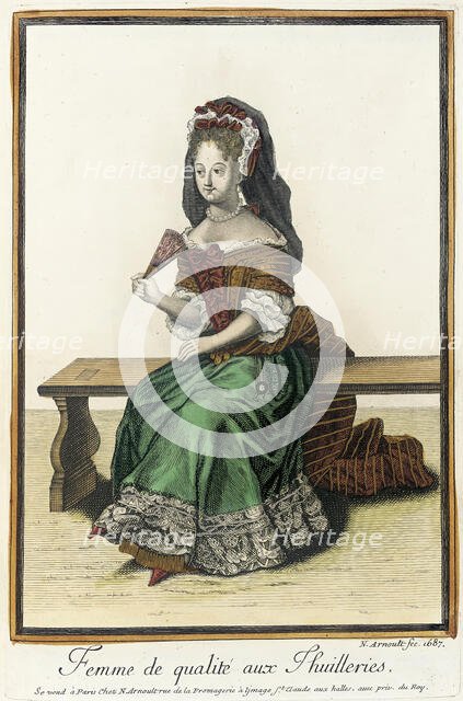 Recueil des modes de la cour de France, 'Femme de Qualité aux Thuilleries', 1687. Creator: Nicolas Arnoult.