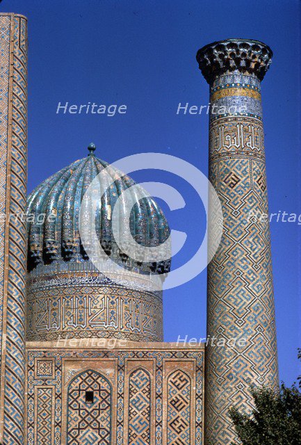 Decoration on tower and dome of Shir-Dar Madrasa, Samarkand. Uzbekistan, c20th century. Artist: CM Dixon.