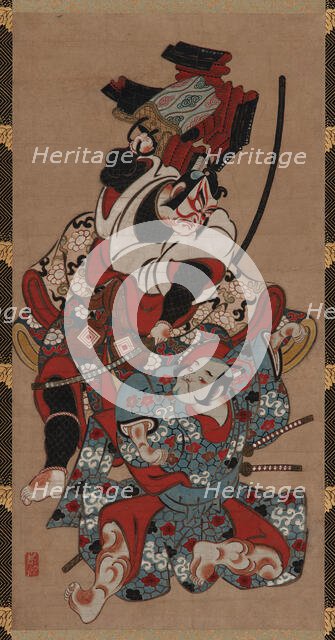 The armor-pulling scene from a Soga play, Edo period, 1615-1868. Creator: Unknown.