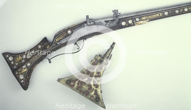 Matchlock musket and powder horn, c17th century. Artist: Unknown