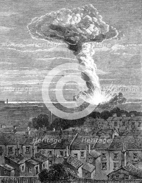 The explosion of gunpowder magazines at Erith: view…from Burrage-road, Plumstead…, 1864. Creator: Unknown.