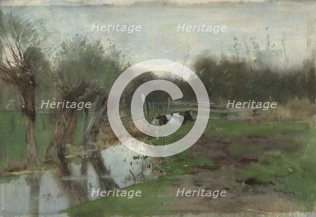 Pasture with cow by a stream, 1863-1895. Creator: George Poggenbeek.