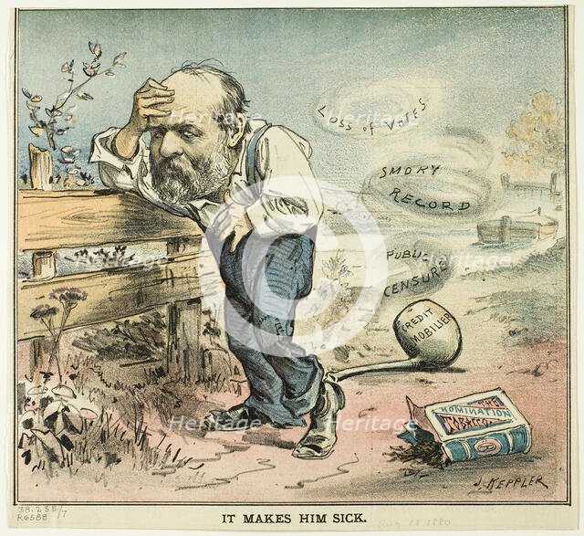 It Makes Him Sick, from Puck, published August 18, 1880. Creator: Joseph Keppler.