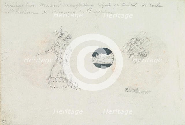 Sketches of a Woman in a Corseted Gown, a Castle, and a Horse's Head, ca. 1785-90. Creator: Anon.