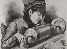 A "prima donna" singing by using Edison's phonograph receiver, 1878. Creator: Unknown.