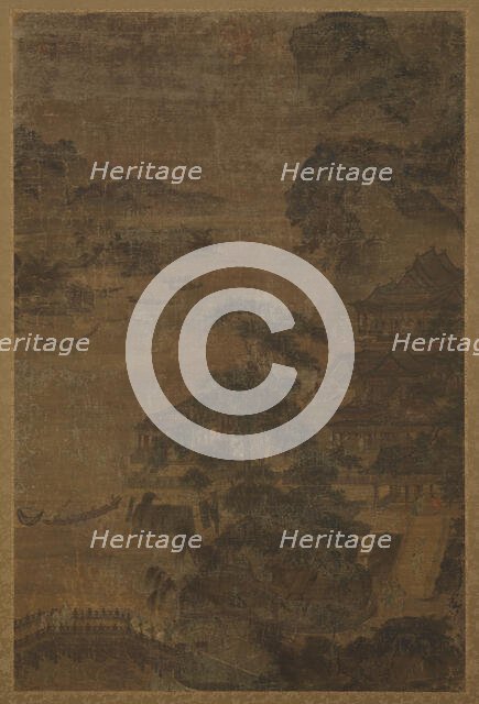 River landscape: mountains, pine-trees, and buildings, Ming dynasty, 1368-1644. Creator: Unknown.