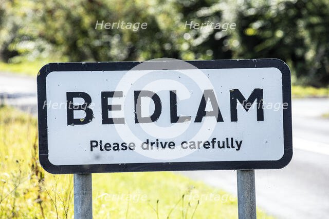 Road sign for the hamlet of Bedlam, North Yorkshire, 2019. Creator: Alun Bull.