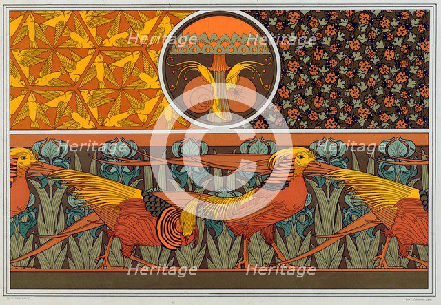 Designs for wallpaper border and fabric: "Birds"; Ladybirds and Maiden Hair Fern", pub. 1897. Creator: Maurice Pillard Verneuil (1869?1942).