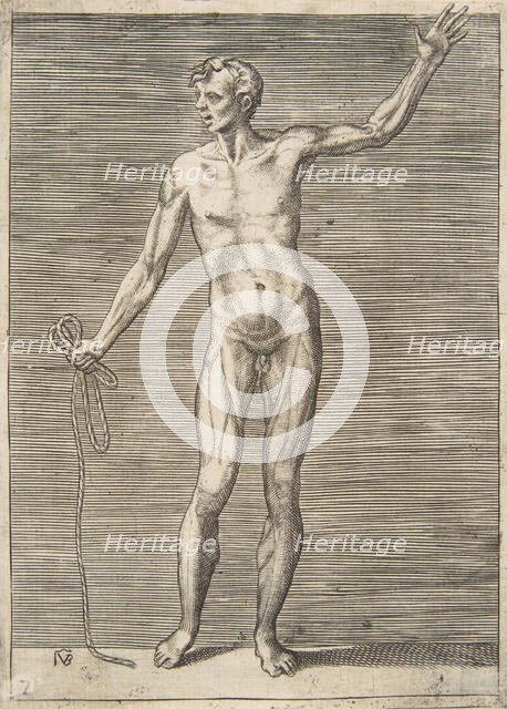 Man seen from the Front, holding a Rope in his right Hand, 16th century. Creator: Giulio Bonasone.