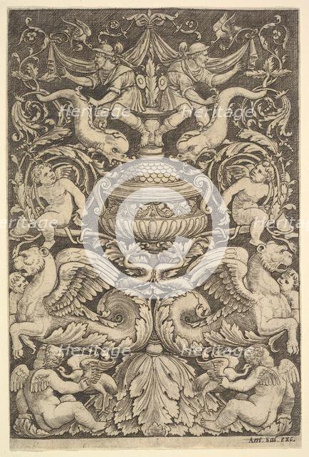 A panel of ornament with a large jar in centre, putti and other figures, 1530-60. Creator: Master of the Die.