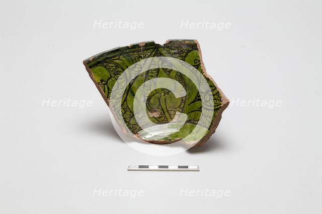 sherd, red body, white slip, green glaze, Mamluk period, 1250-1516. Creator: Unknown.