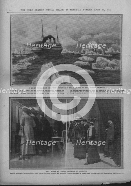 Liner in a field of ice, and people waiting for news of the 'Titanic' disaster, April 20, 1912.  Creator: Unknown.