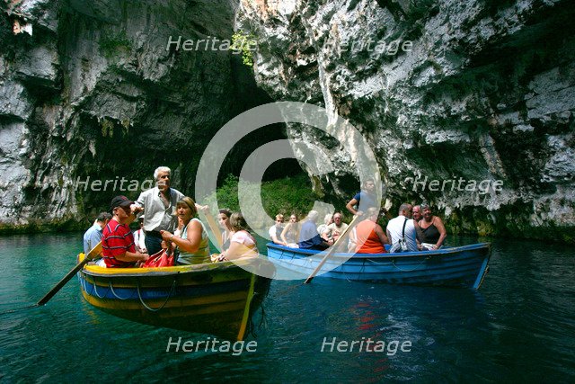 Tourist boat trip, Melissani Lake, Kefalonia, Greece.