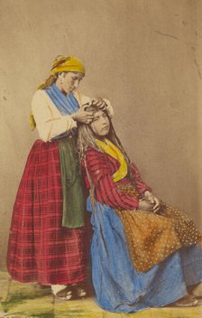 Older woman doing the hair of a younger woman., about 1870. Creator: Giorgio Conrad.