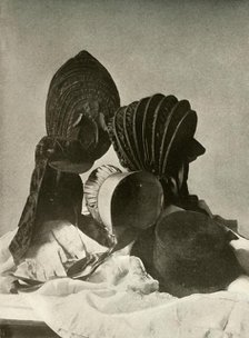 'Two silk calashes; riding-cap; Quaker bonnet; hat; gloves; and skirt', c18th century, (1937). Creator: Unknown.